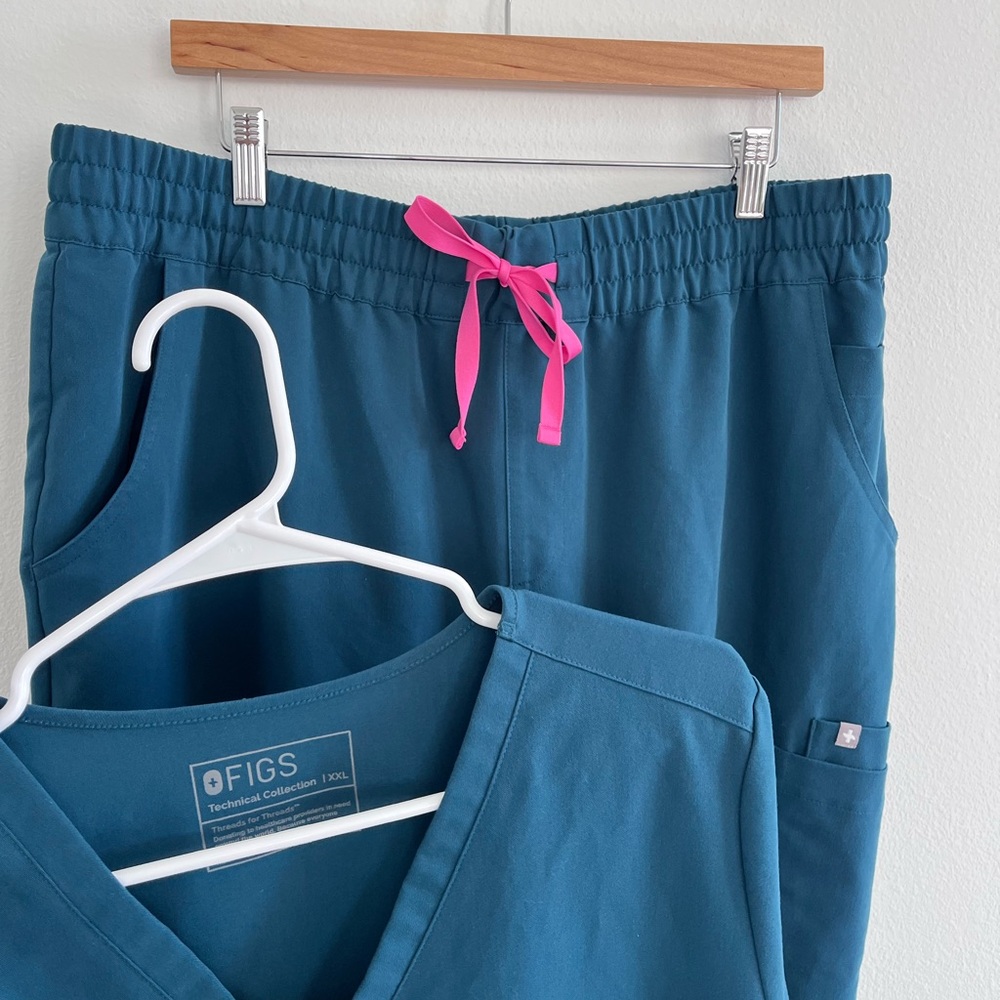 Figs Teal Pants with Pink Drawstring